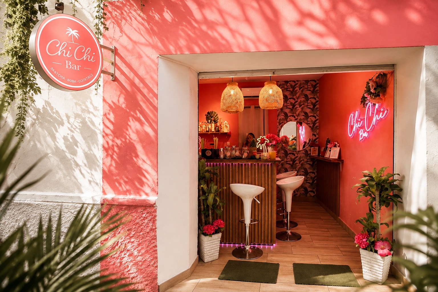 Fachada de Chi Chi Bar en San Diego: pared coral, letrero circular con palmera, y la barra al fondo con su neón rosado encendido